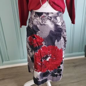 Grey and Red Flowered Pencil Skirt